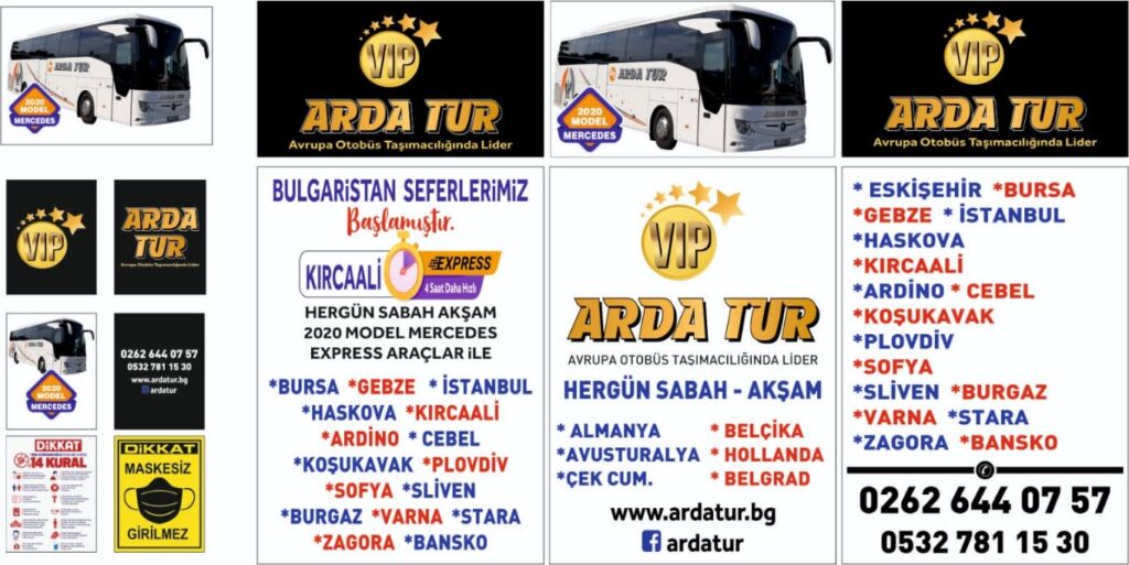 Arda Tur otobüs firmasının Bulgaristan seferlerini ve güzergahlarını gösteren tanıtım afişi