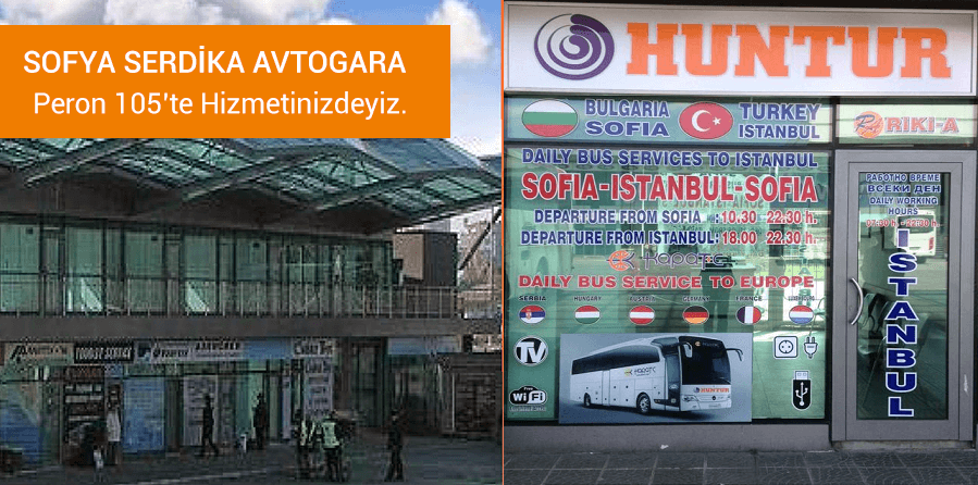 Sofya Serdika Otogarı ve Huntur Sofya-İstanbul otobüs ofisi kolajı