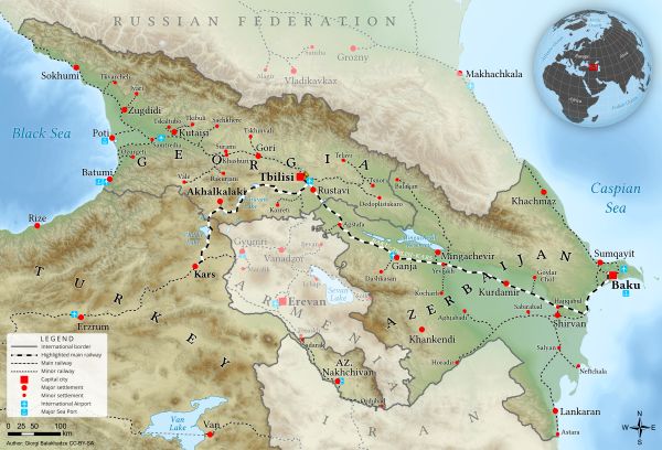 Bakü-Tiflis-Kars demiryolu güzergahını gösteren Kafkasya haritası