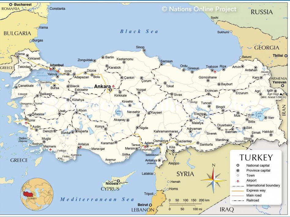Adana, Halep ve demiryollarını gösteren Türkiye haritası