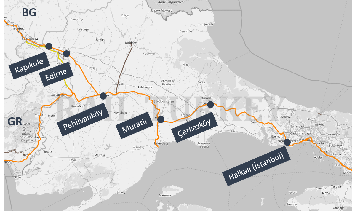 Halkalı'dan Kapıkule'ye tren güzergahını gösteren Trakya haritası