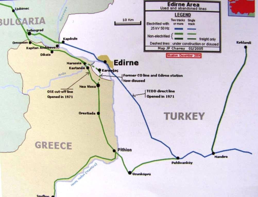 Edirne ve Karaağaç çevresindeki demiryolu hatlarını gösteren harita