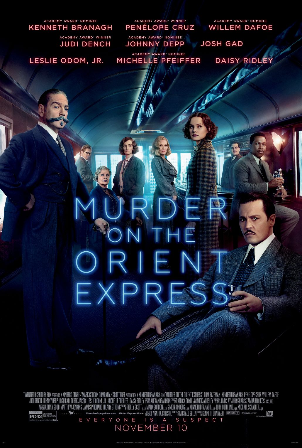 Murder on the Orient Express filminin tren vagonundaki oyuncu kadrolu afişi
