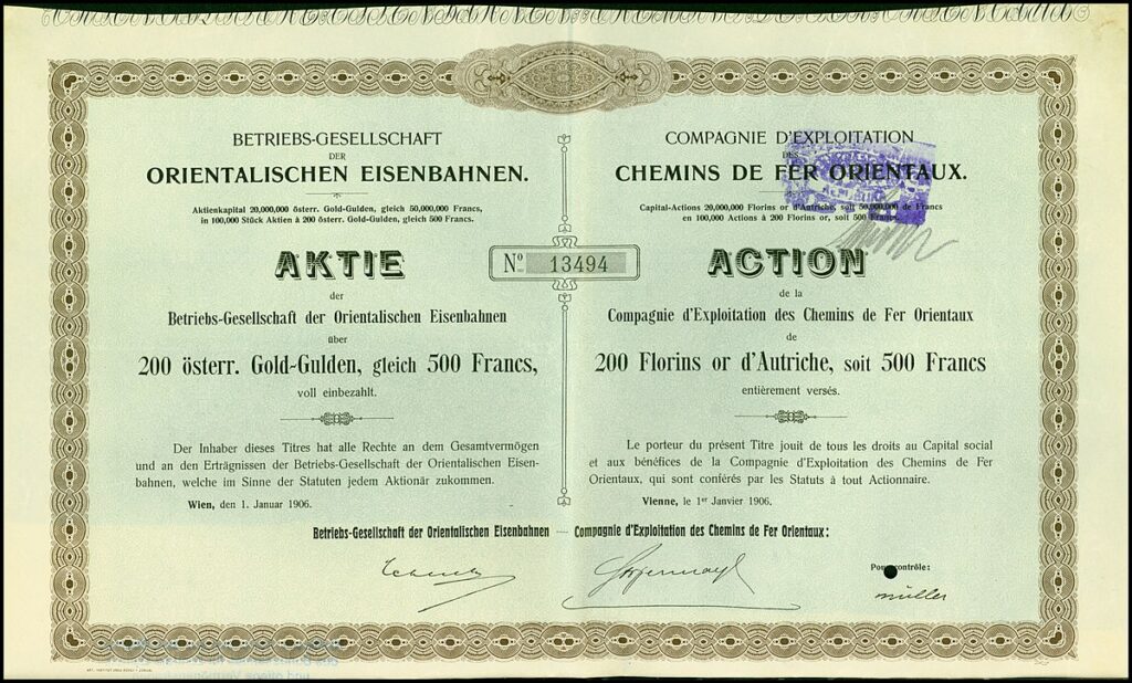 Şark Demiryolları (Chemins de Fer Orientaux) 1906 tarihli 500 franklık tarihi hisse senedi