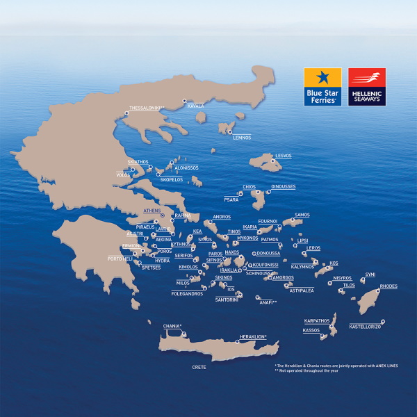 Blue Star Ferries ve Hellenic Seaways rotalarını gösteren Yunanistan adaları haritası
