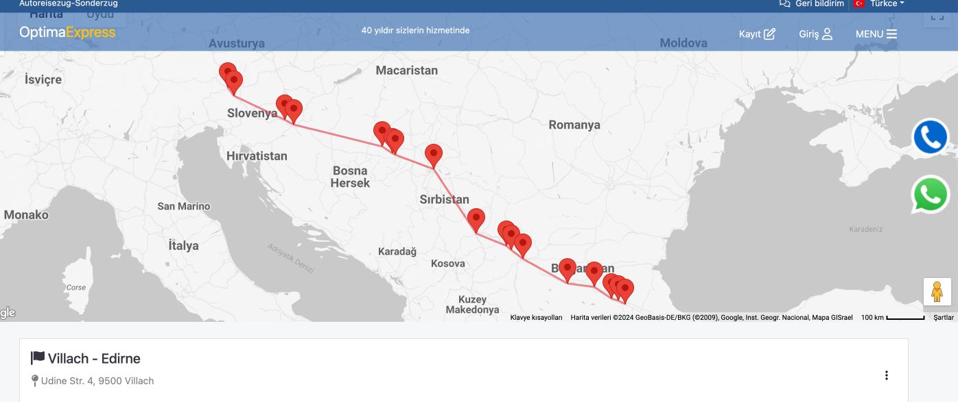 Optima Express tren güzergahını gösteren Villach-Edirne harita ekran görüntüsü