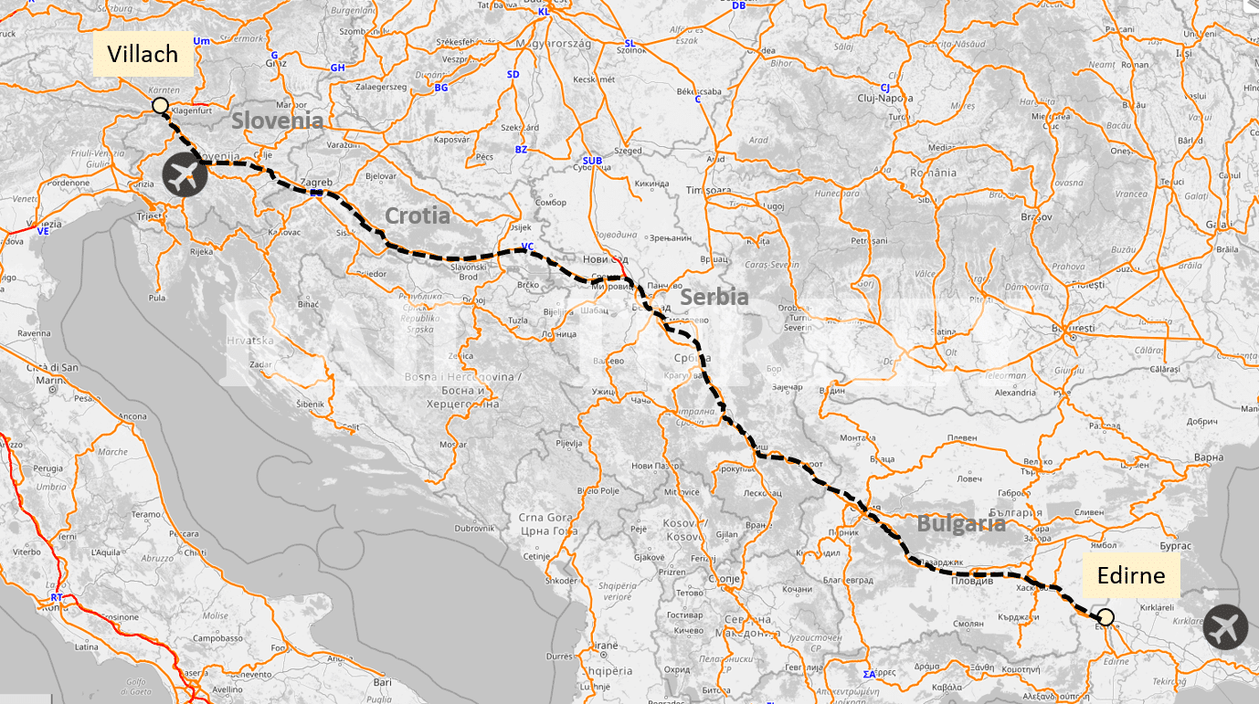 Edirne'den Villach'a uzanan tren güzergahını gösteren harita