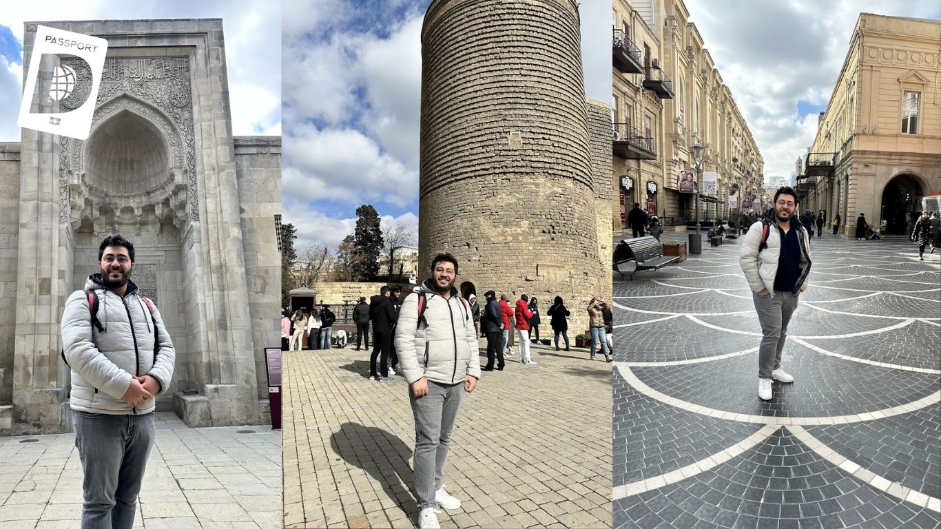 Bakü'de gezgin Kız Kulesi ve tarihi taş sokaklarda üçlü kolaj