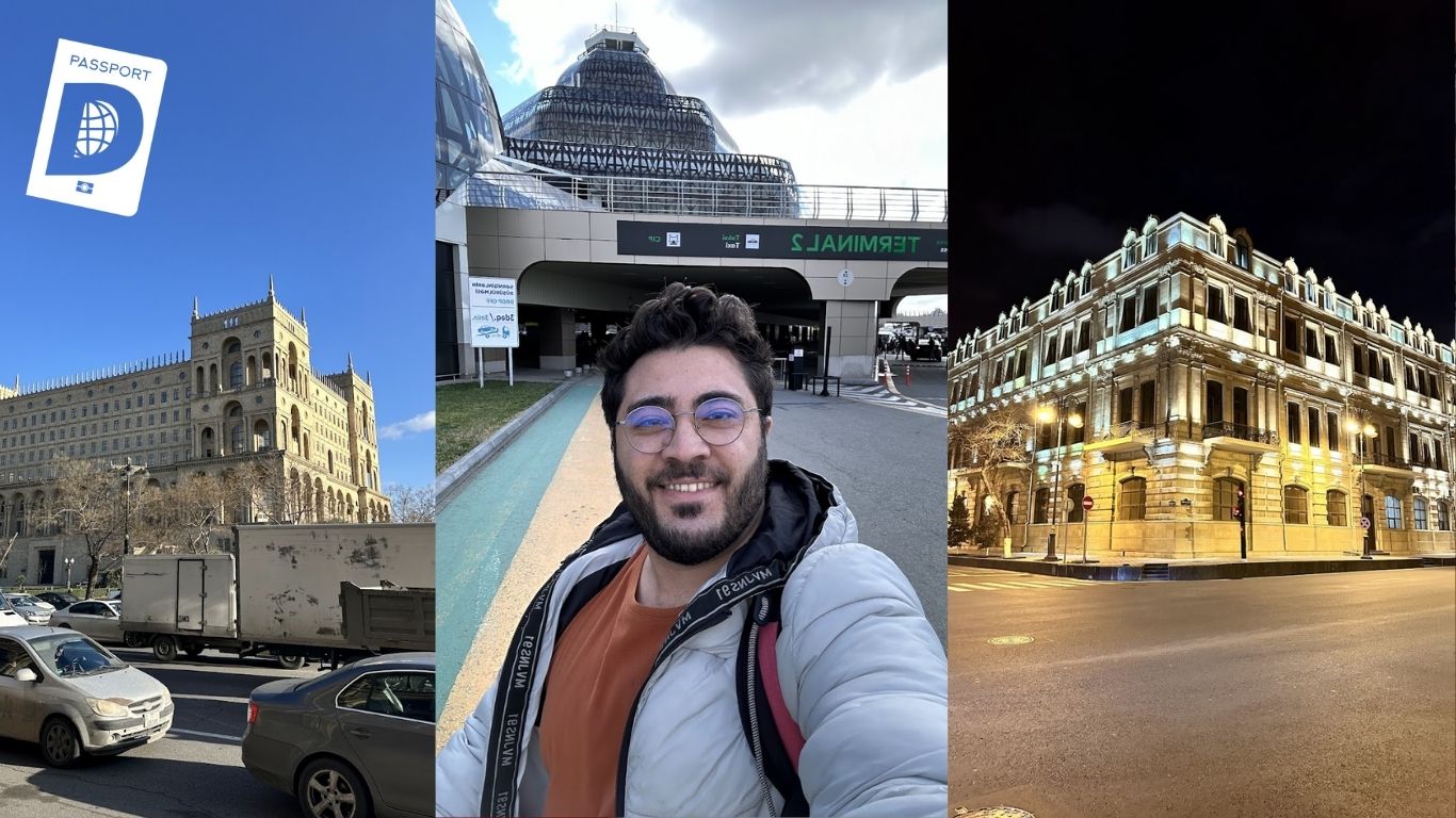 Bakü'de Hükümet Evi, havaalanı Terminal 2 ve gece aydınlatılan tarihi bina kolajı