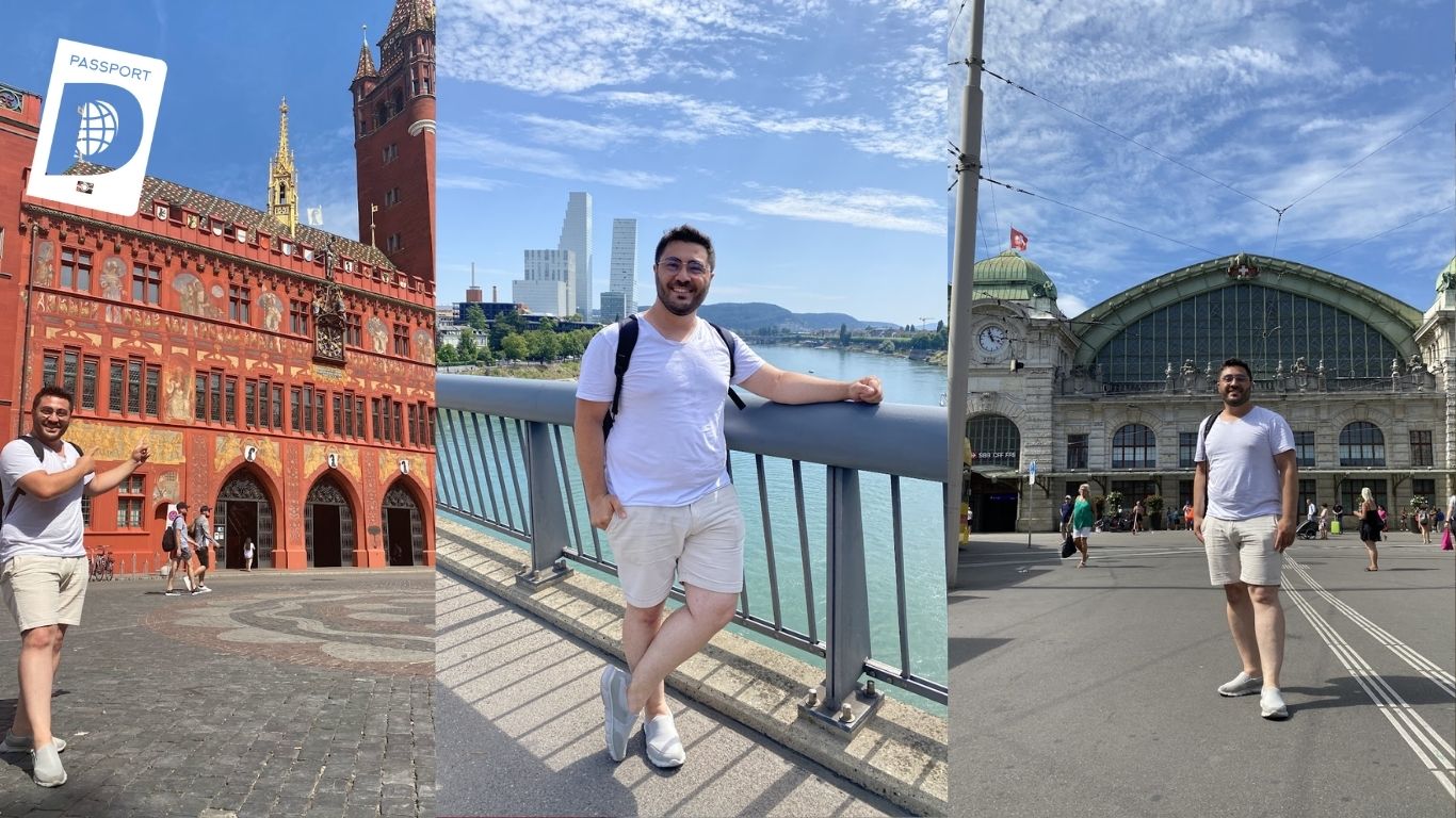 Basel'de kırmızı belediye binası, Ren Nehri köprüsü ve tren garı kolajı