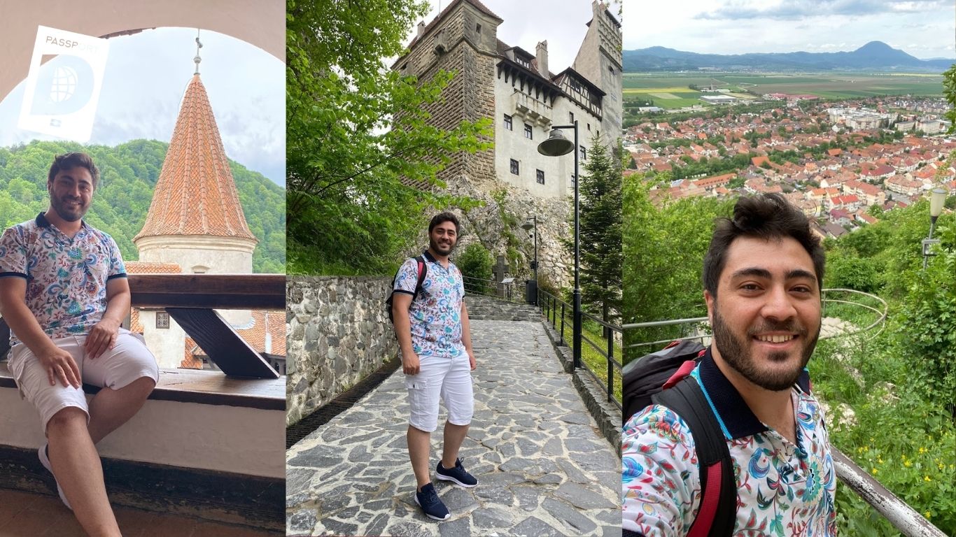 Romanya'da Bran Kalesi önünde poz veren gezgin ve Braşov manzarası üçlü kolaj