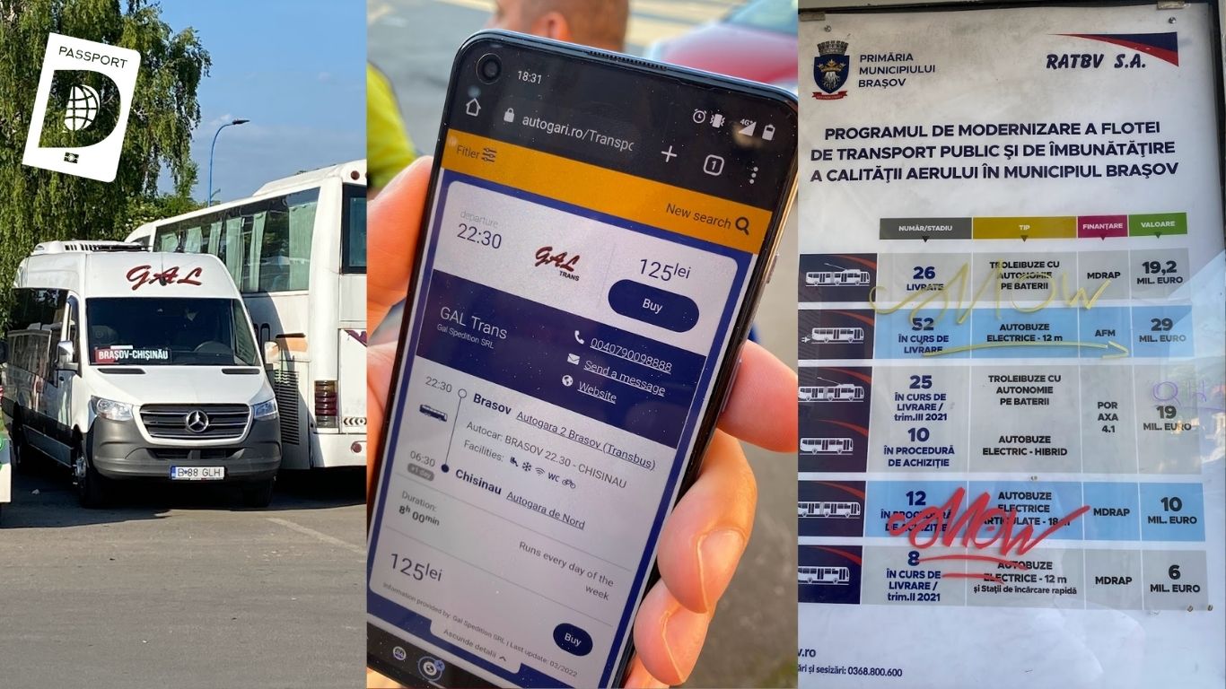 Braşov-Kişinev otobüsü, telefonda GAL Trans bilet ekranı ve RATBV filo modernizasyon panosu