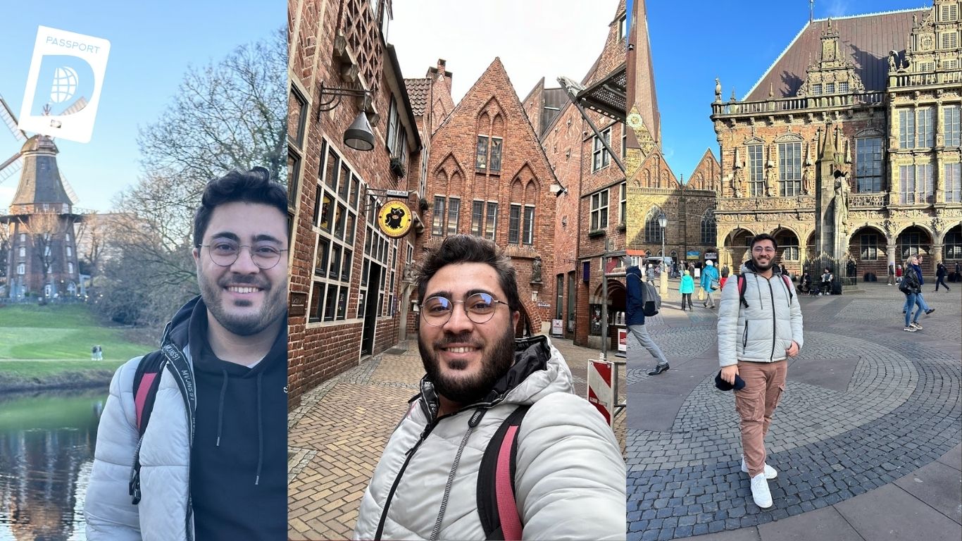 Gezgin, Bremen'in yel değirmeni, tarihi tuğla sokakları ve belediye binası önünde