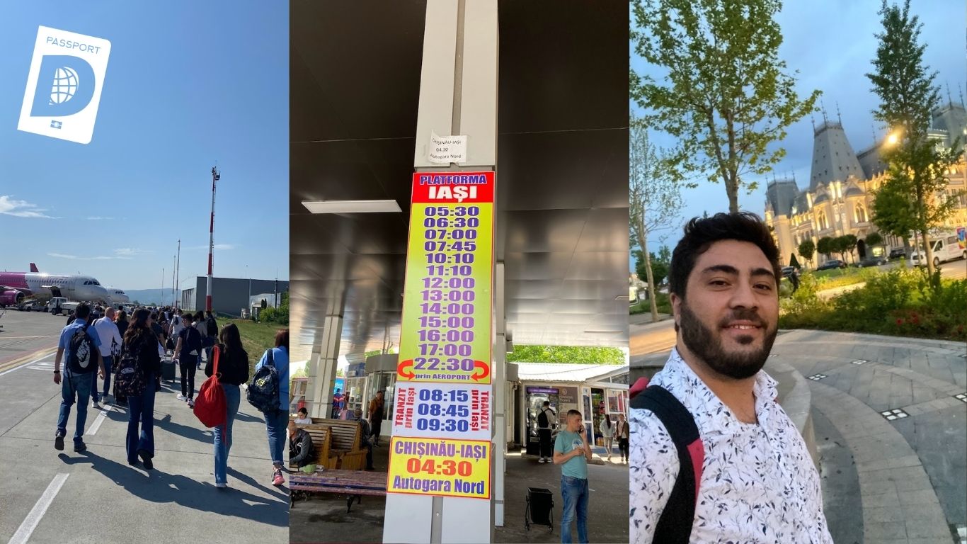 Iasi havaalanında uçaktan inen yolcular, otobüs kalkış saatleri tabelası ve Kültür Sarayı önünde gezgin