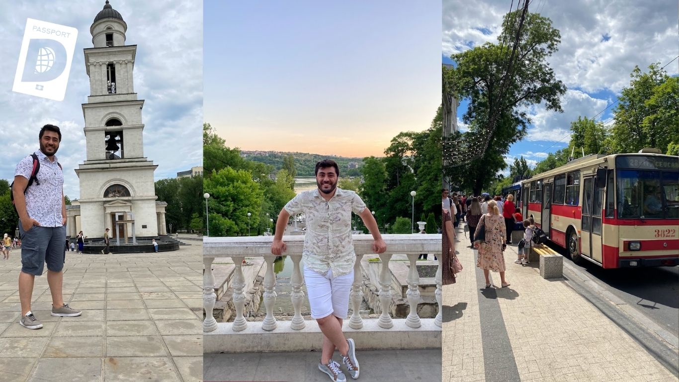 Kişinev'de çan kulesi ve troleybüsle şehir gezisi kolajı, Moldova