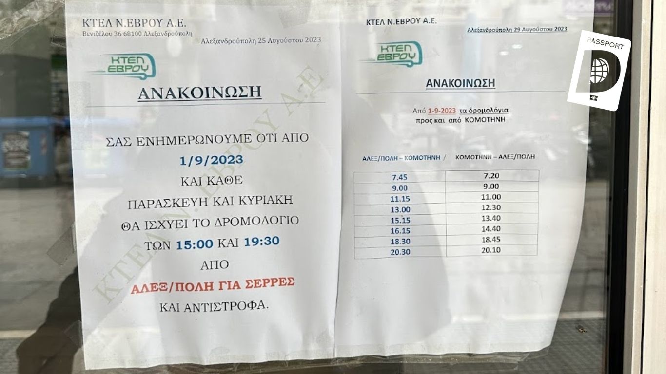 KTEL Evrou'nun Yunanca otobüs sefer saatleri ve duyuru afişi camda