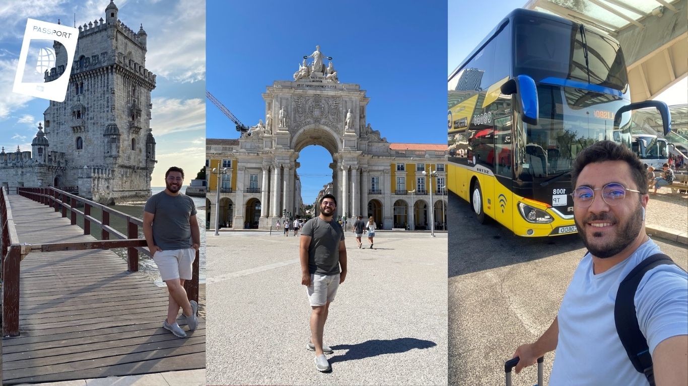 Lizbon'da Belém Kulesi ve Zafer Takı önünde gezgin, sarı otobüsle selfie kolajı