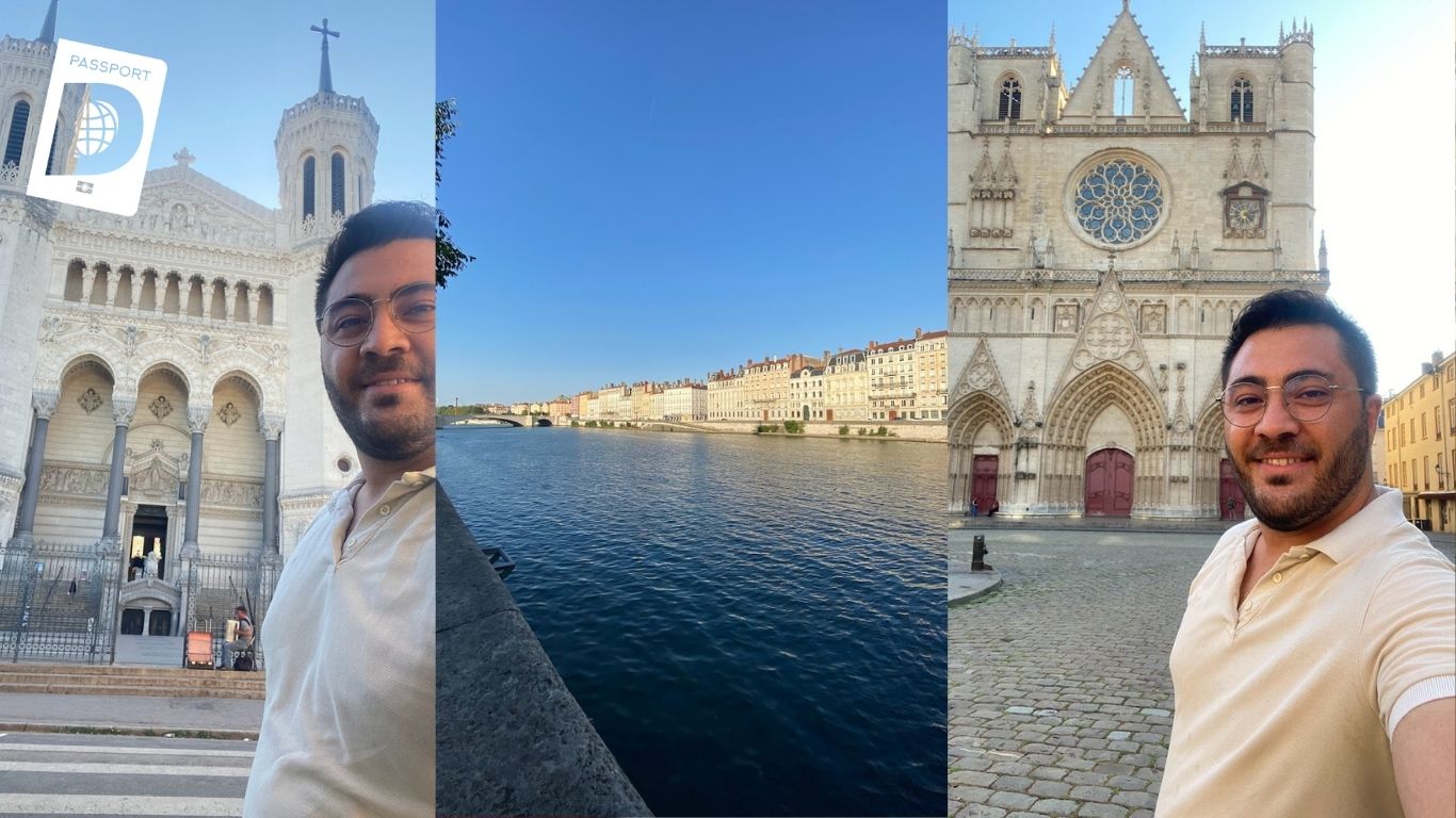 Lyon'da Fourvière Bazilikası, Saône Nehri ve Saint-Jean Katedrali önünde gezgin selfie üçlemesi