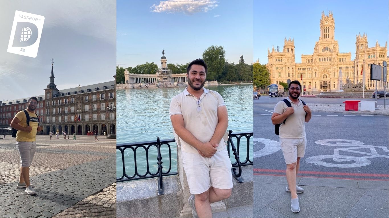 Madrid'in Plaza Mayor, Retiro Parkı ve Cibeles Sarayı önünde gezgin