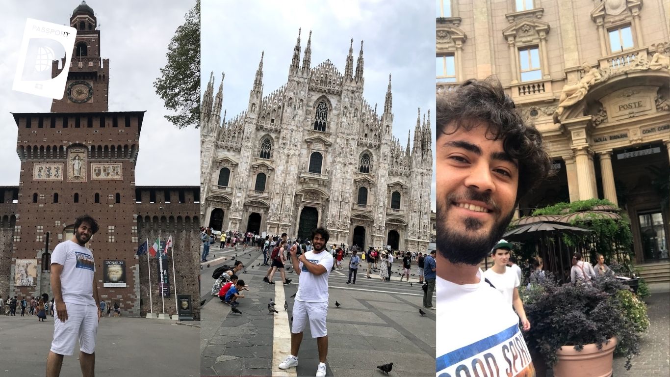 Milano'da Sforza Kalesi, Duomo Katedrali ve tarihi postane önünde gezgin selfie üçlemesi