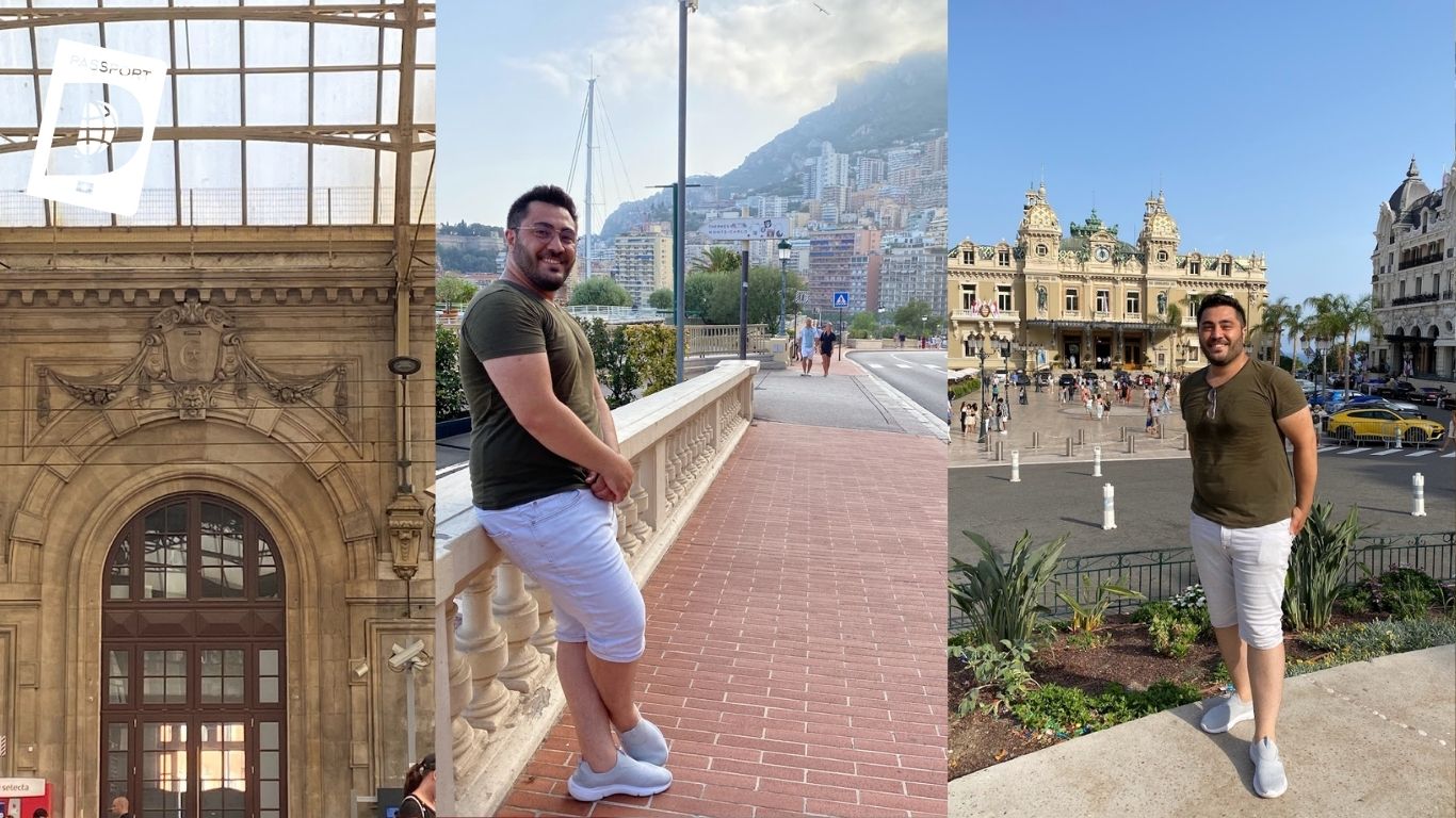 Monako Monte Carlo Kumarhanesi önünde poz veren gezgin ve liman manzarası