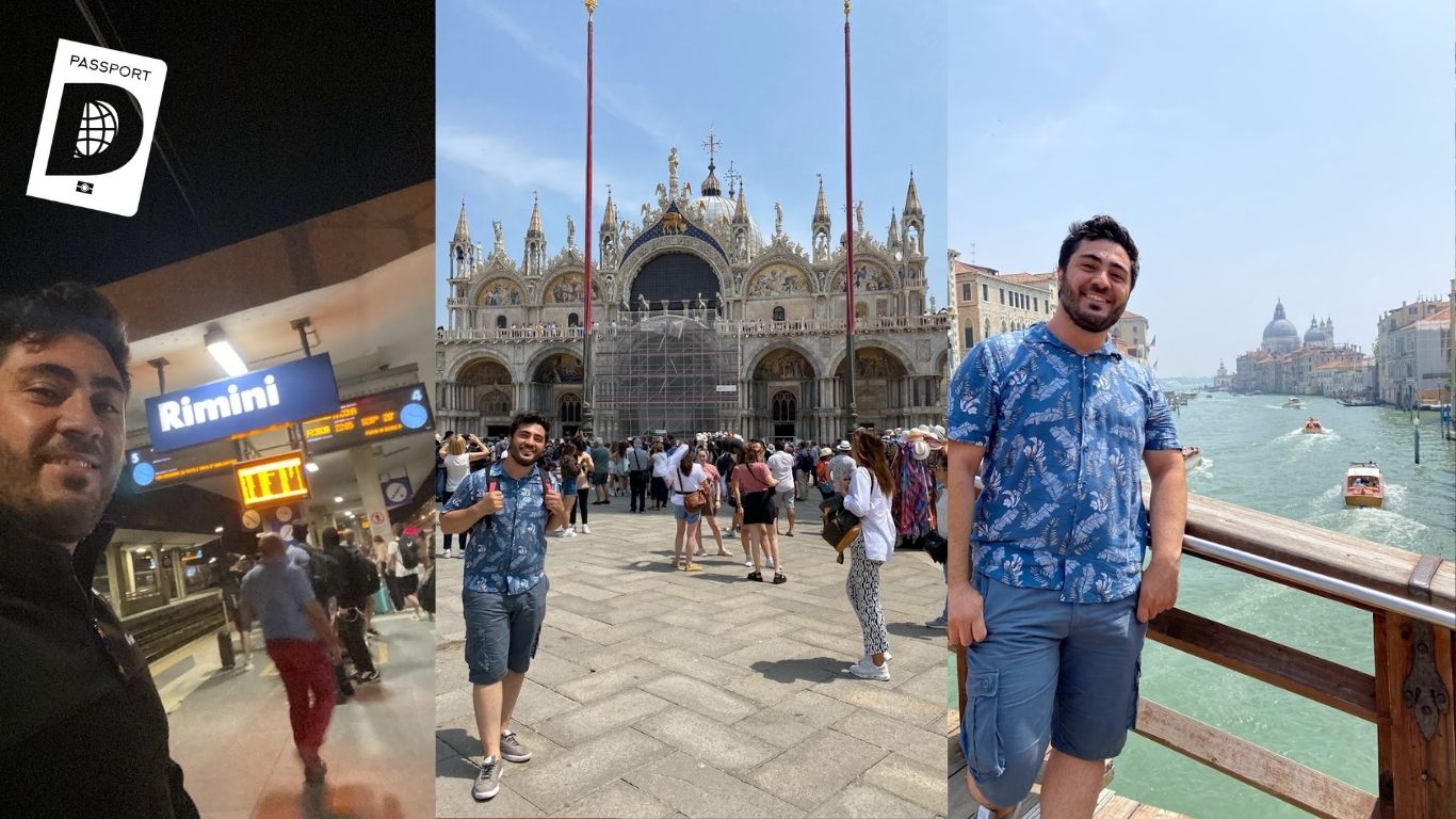 Rimini tren istasyonu ve Venedik San Marco Meydanı ile Büyük Kanal manzarası