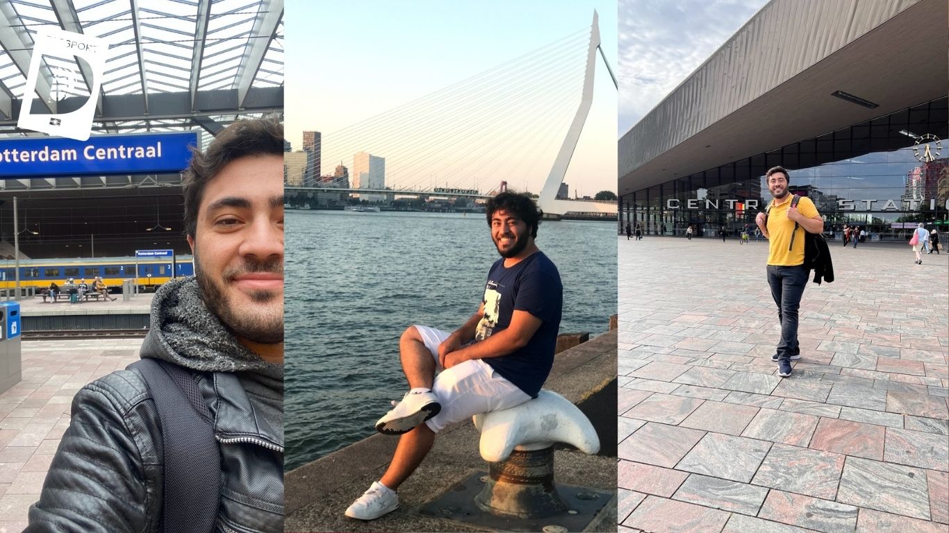 Rotterdam Centraal istasyonu ve Erasmus Köprüsü önünde gezgin kolajı