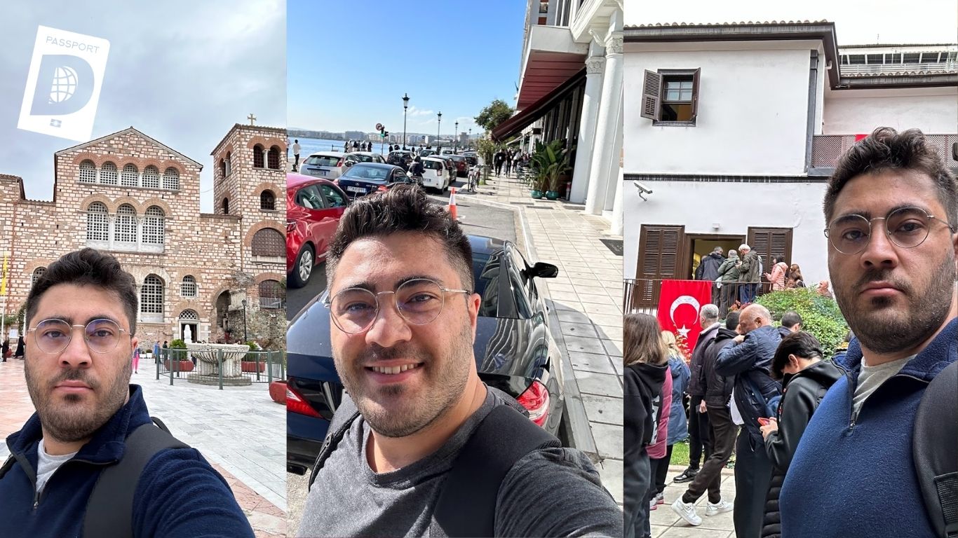 Selanik'te Aziz Dimitrios Kilisesi, sahil yolu ve Atatürk Evi önünde Türk bayrağıyla topluluk