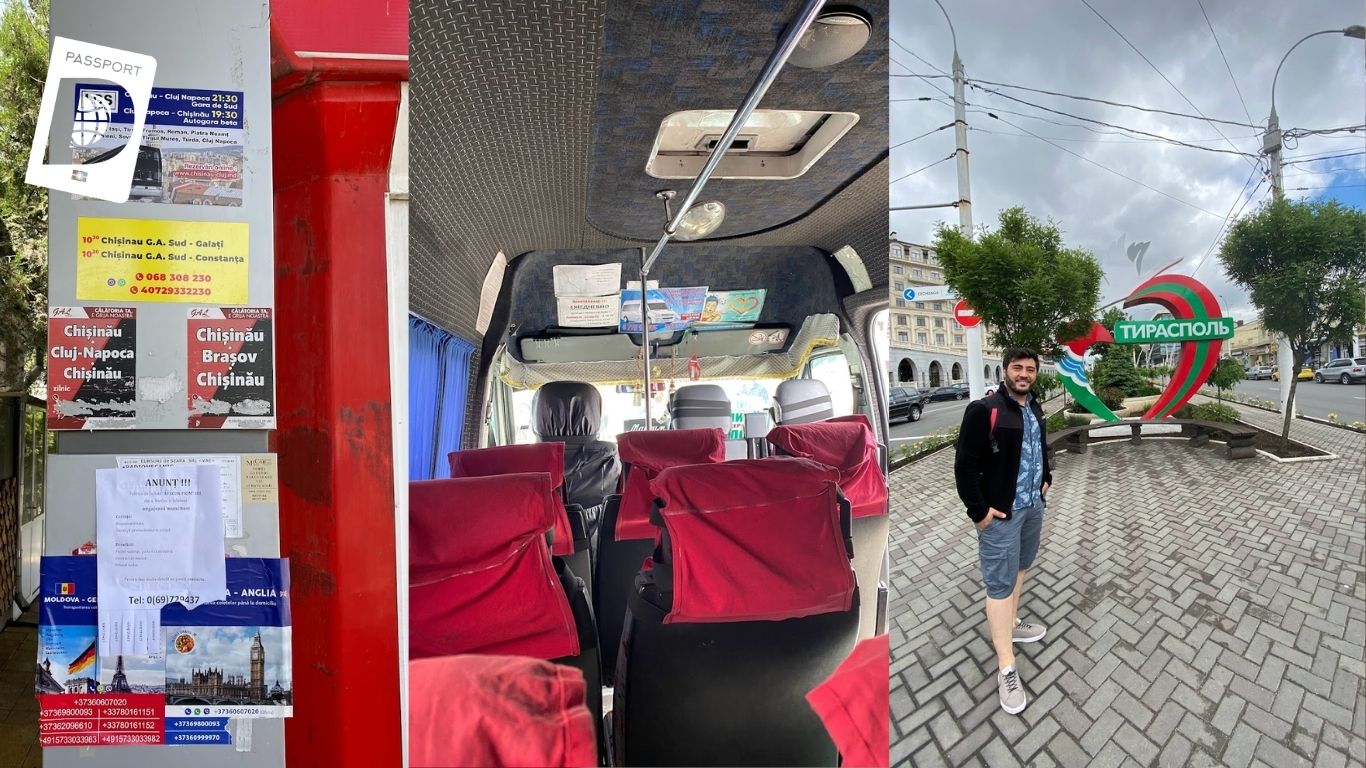 Tiraspol tabelası önünde gezgin ve Moldova minibüs iç görünümü kolajı