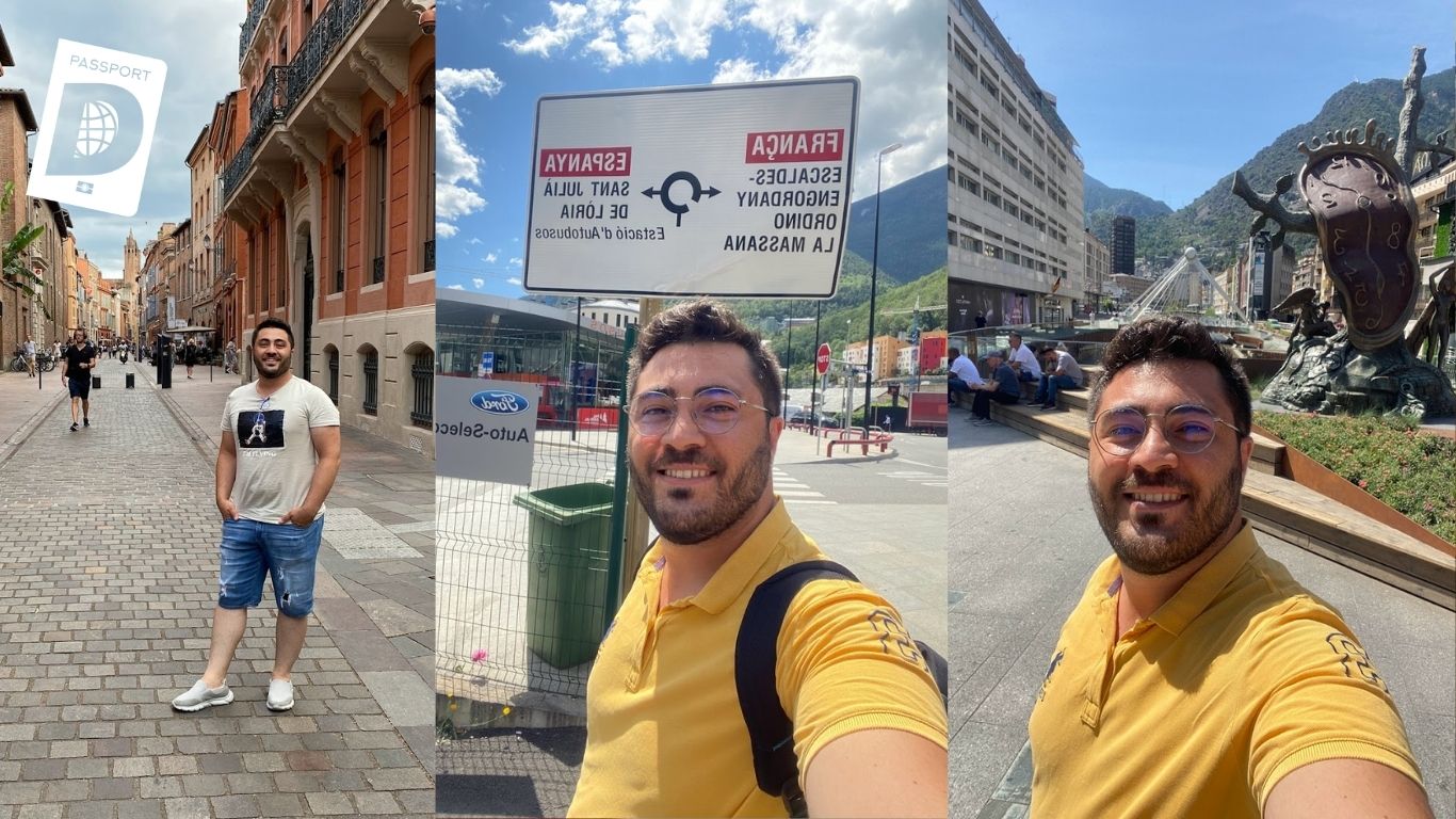 Toulouse sokağı ve Andorra yön tabelası ile dağ manzaralı şehir meydanı