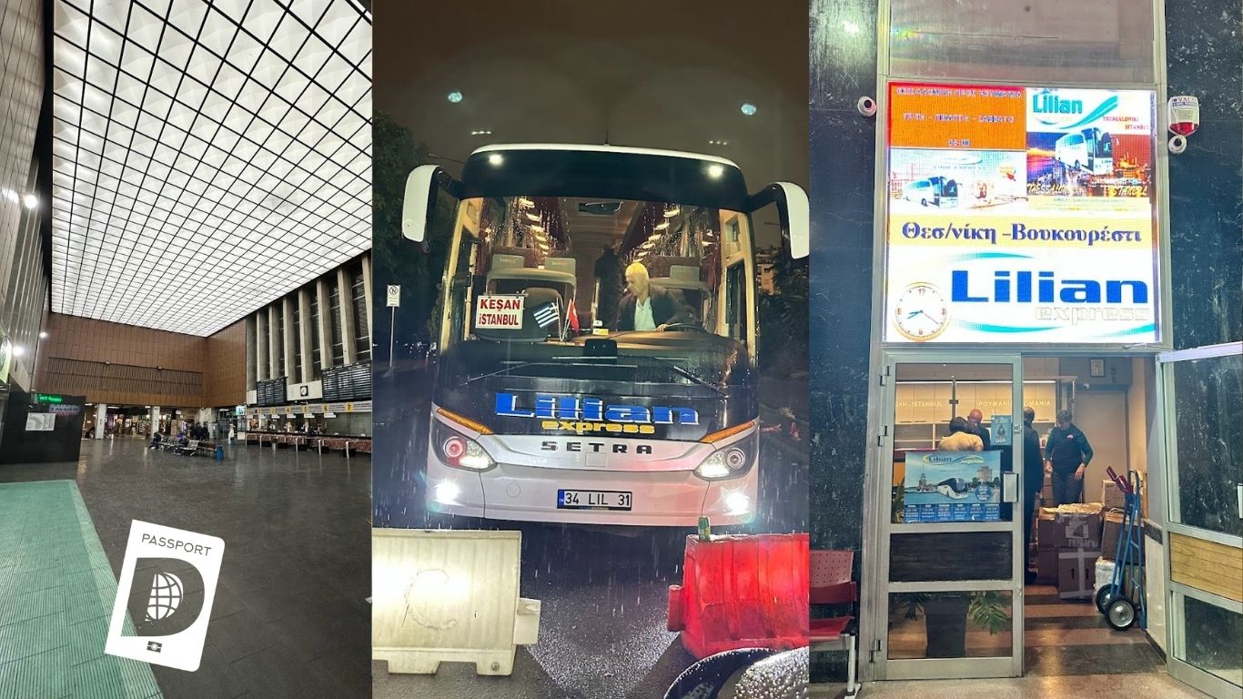 Geceleyin Lilian Express otobüsü ve Selanik otogarı kolajı
