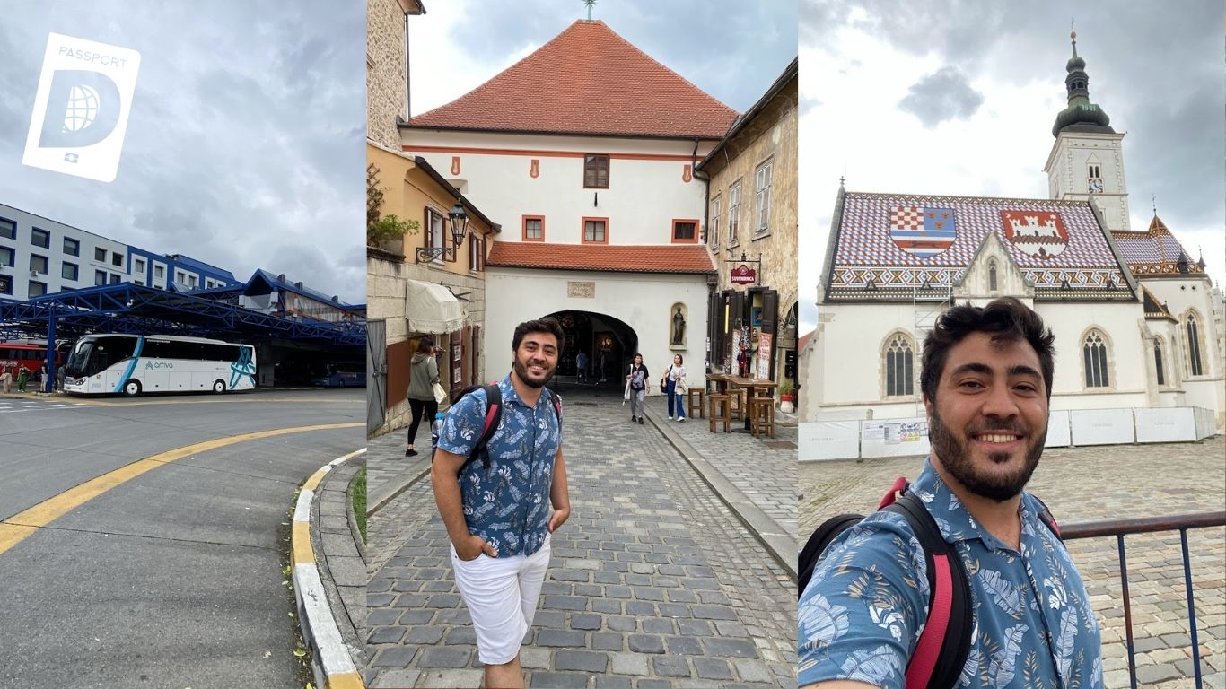 Zagreb'de Taş Kapı ve Aziz Marko Kilisesi önünde gezgin, Hırvatistan üçlü kolaj